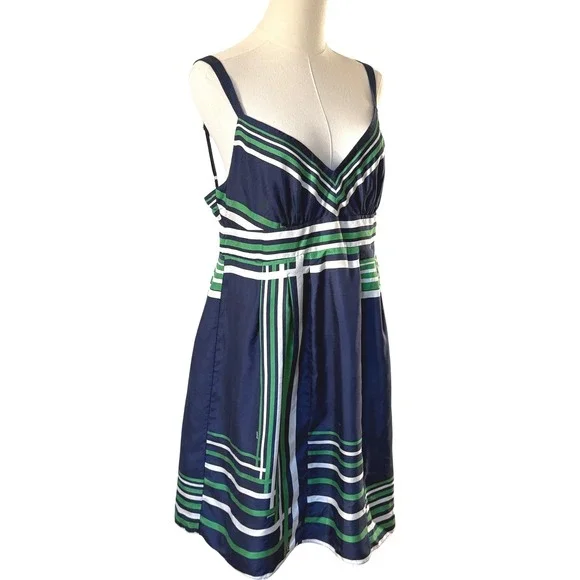 Guess Jeans Dress Womens Size 13 Blue Green White Stripe Sleeveless V Neck Silk - Picture 2 of 11